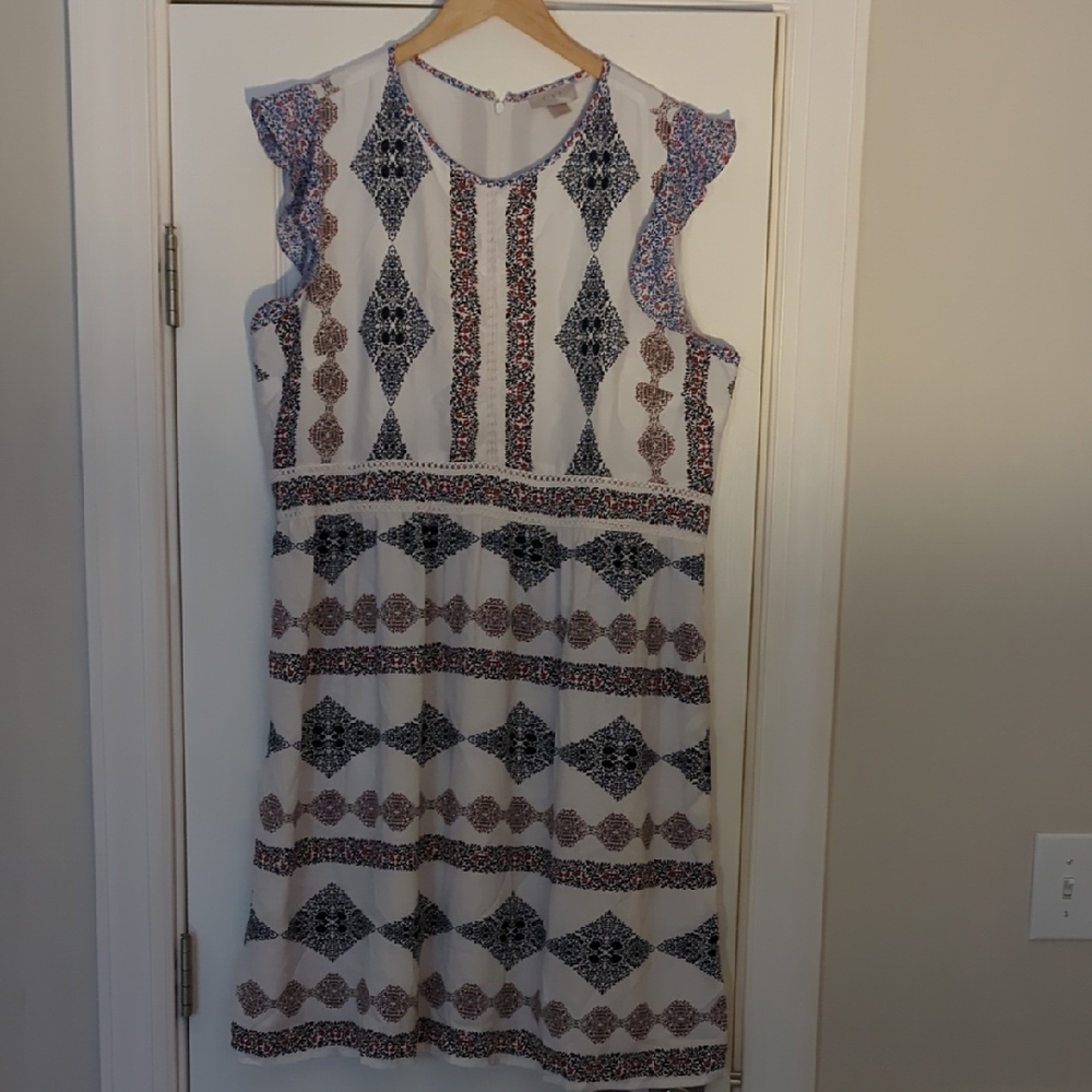 LOFT White, Red And Blue Patterned Midi Dress